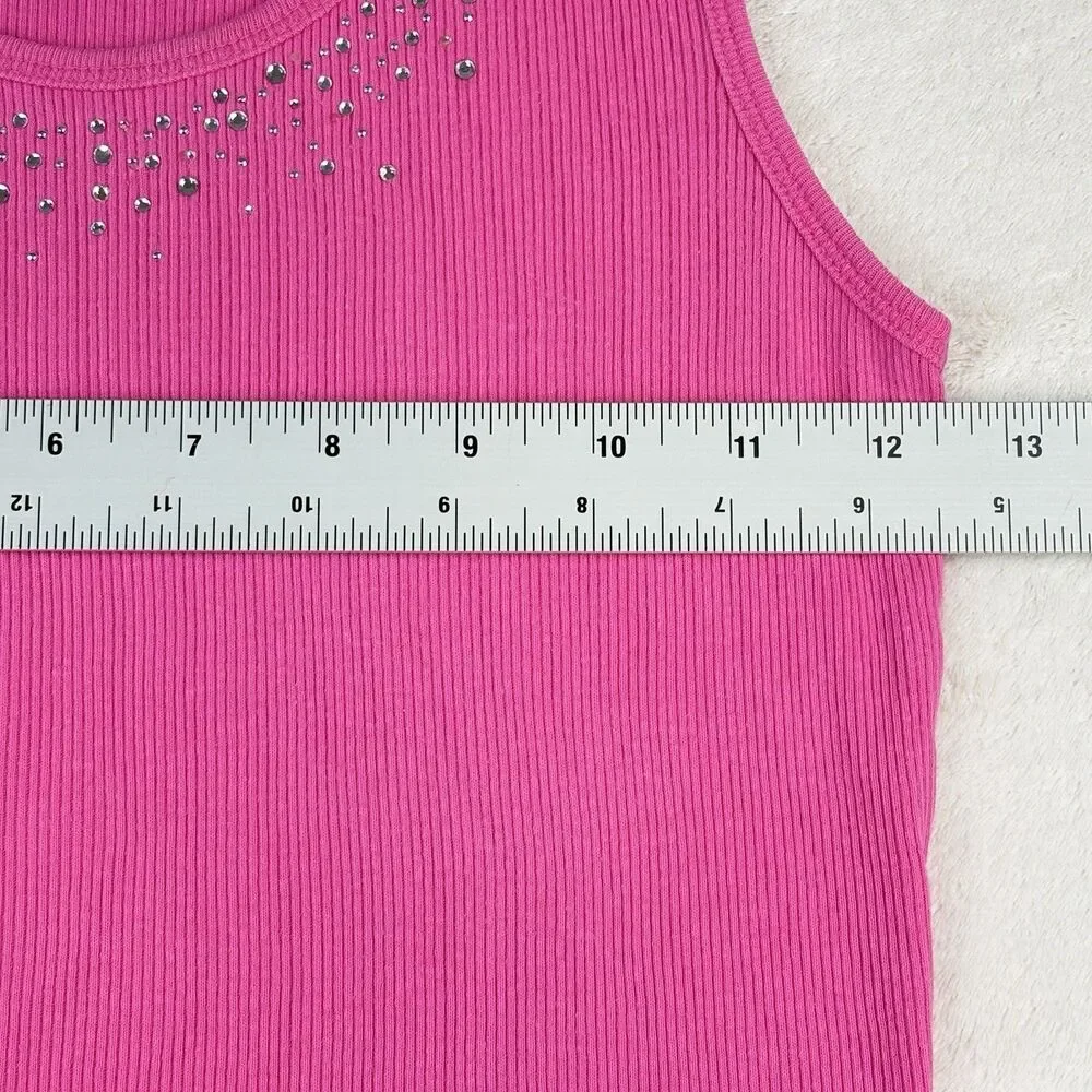 Vintage Y2K Justice Ribbed Tank Girls M Hot Pink Rhinestones Kawaii Bella Swan